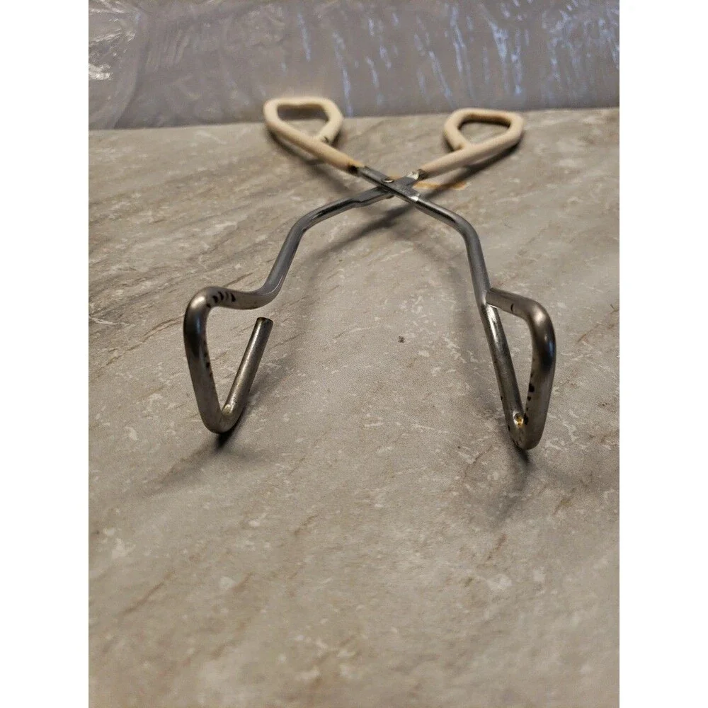 Vintage EKCO 10 Stainless Steel Kitchen Tongs Grippers, Ivory Rubber handle USA